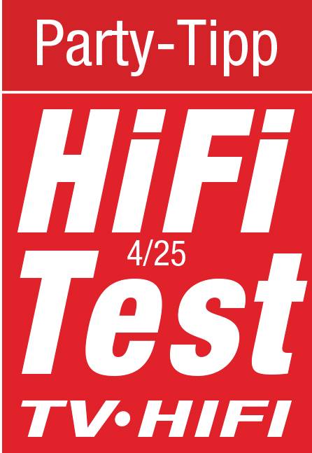 'Feest-Tip' van 'HiFi Test TV•HIFI', uitgave 4/25, op rode achtergrond.