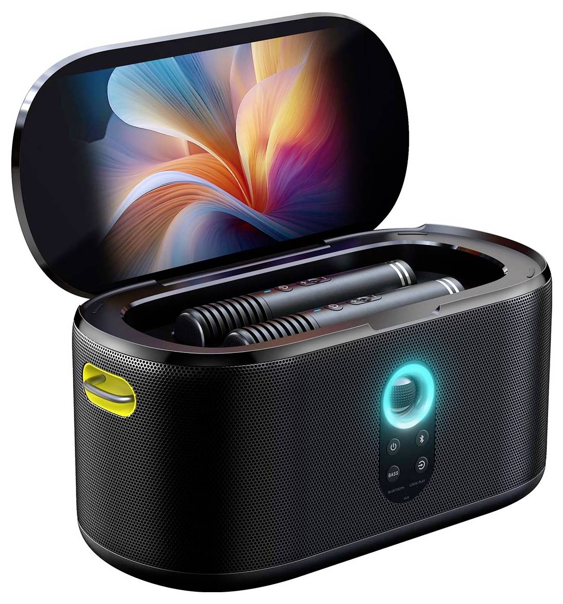 Een zwarte draadloze speaker met een digitaal display en oplichtend licht, geopend om levendige abstracte kunst op de binnenkant van het deksel te onthullen.