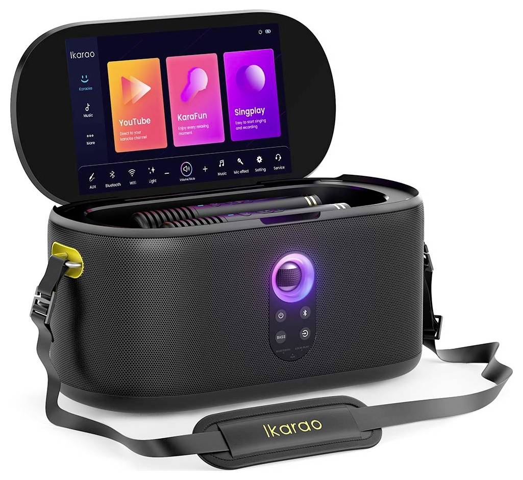 Draagbaar karaokesysteem met een touchscreen waarop muziek-apps worden weergegeven. Kenmerken zijn onder meer gekleurde verlichting rondom de microfoonhouder.