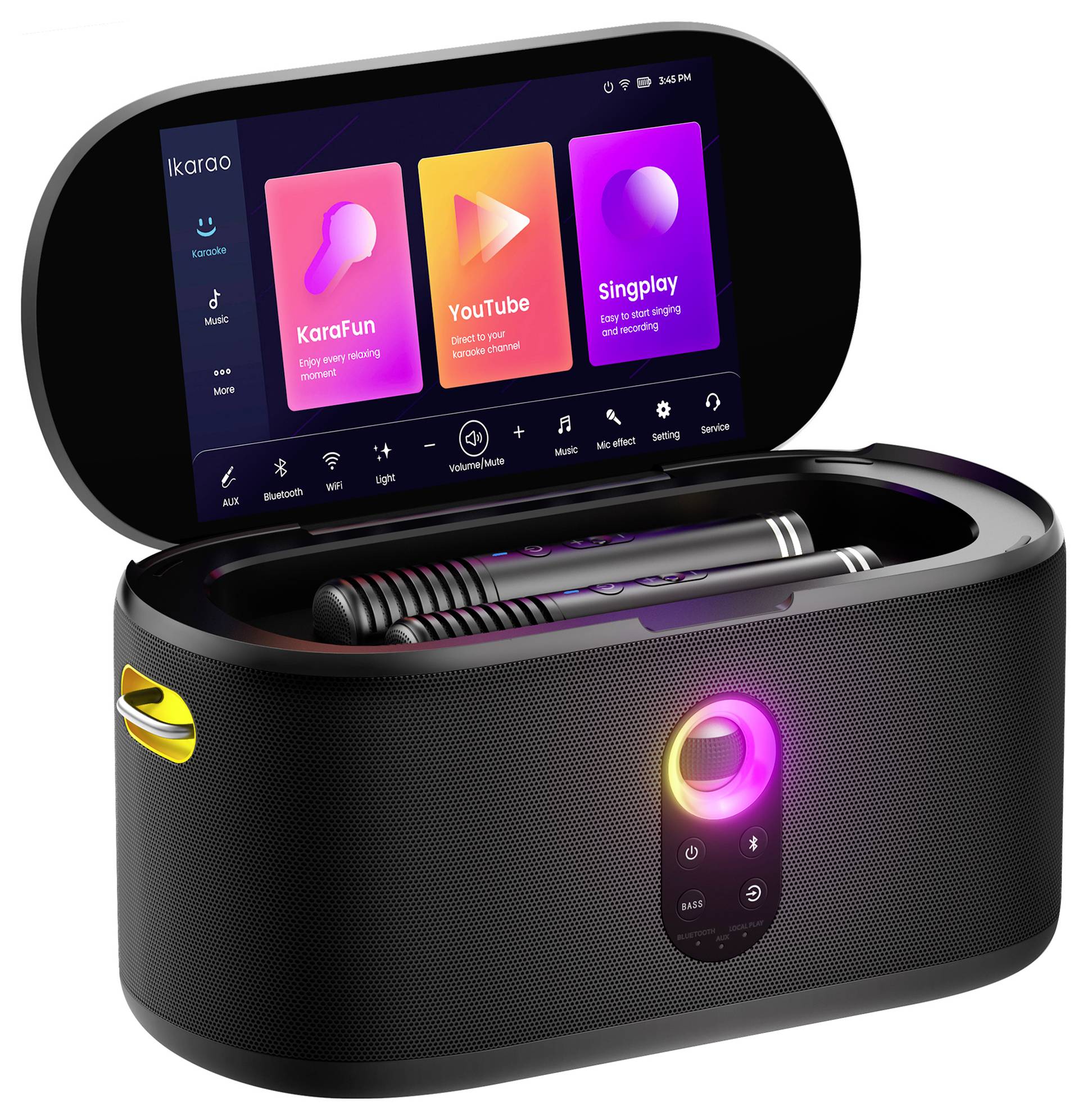 Een draagbare karaoke-machine met een touchscreen waarop muziek-apps worden weergegeven en twee microfoons, ontworpen voor zangentertainment.