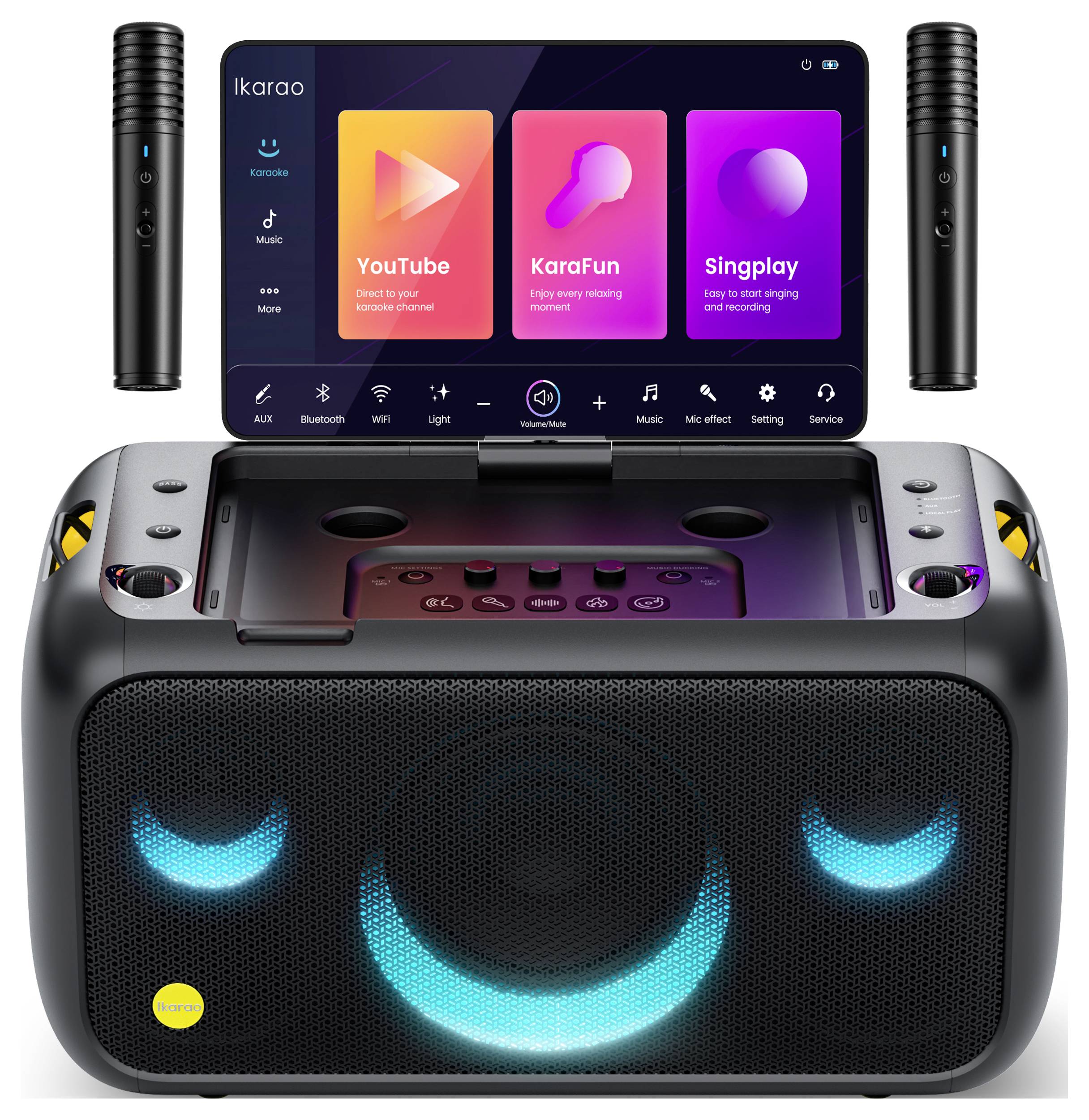 Draagbaar karaokesysteem met luidsprekers, scherm voor apps zoals 'YouTube' en 'KaraFun', twee microfoons. Ideaal voor feestjes.