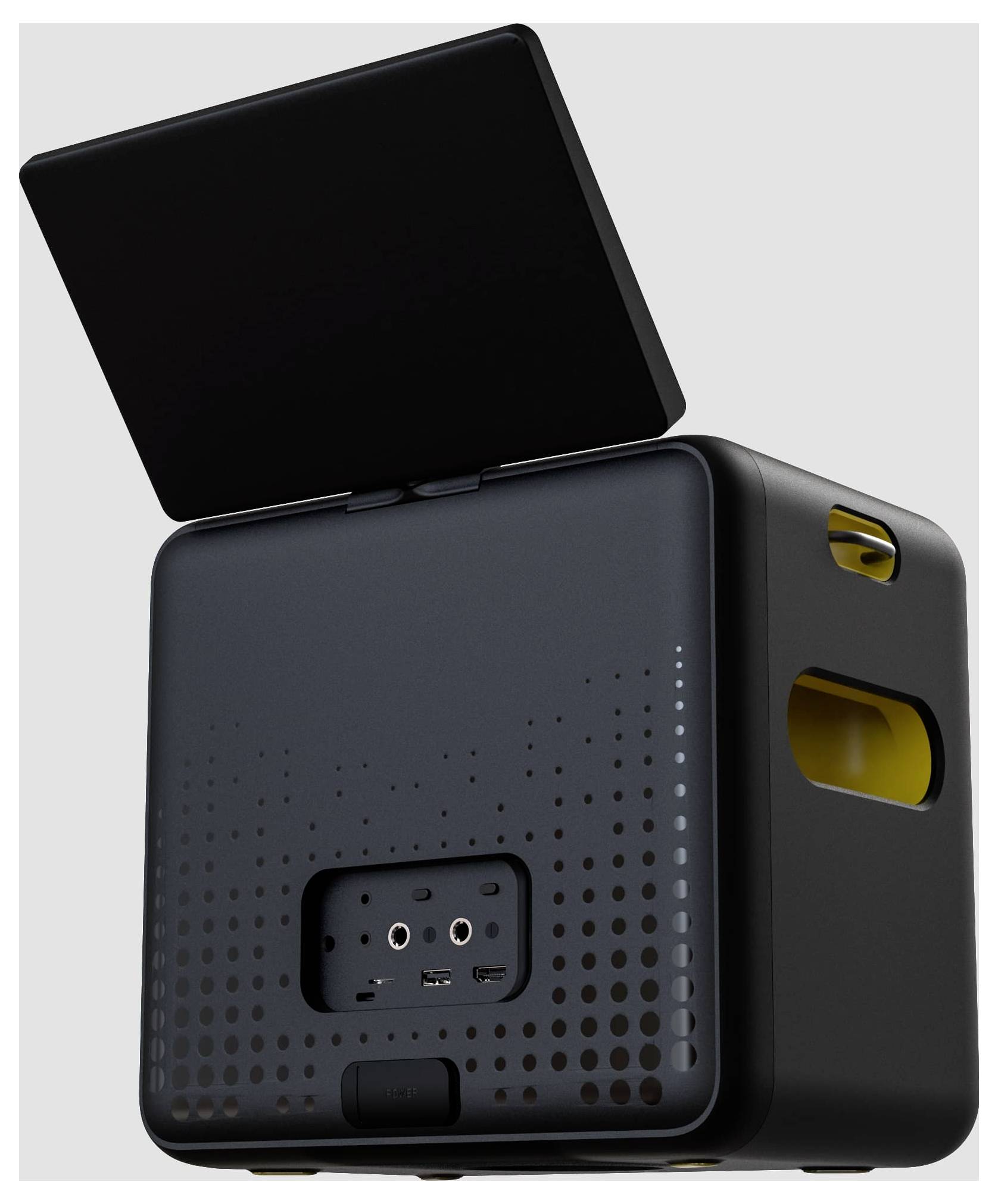 Een zwarte kubus met een afneembare afdekking, aansluitingen aan de voorkant en een gele handgreep aan de zijkant. Tamelijk compact en modern.