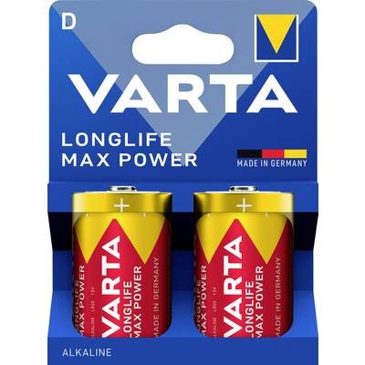 Twee Varta-batterijen van het type D "Longlife Max Power" in een geel-rode verpakking met de opdruk "Made in Germany".