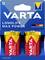 Twee Varta-batterijen van het type D "Longlife Max Power" in een geel-rode verpakking met de opdruk "Made in Germany".