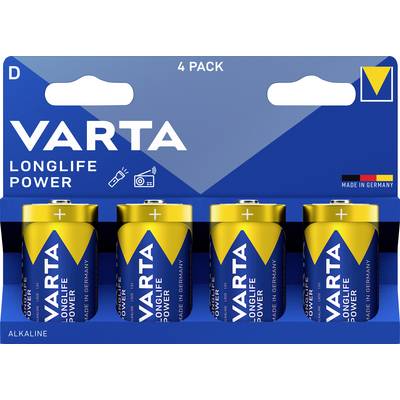 Vier VARTA D-batterijen, alkalisch, in een blauwe verpakking, gelabeld met 'LONGLIFE POWER'. Gemaakt in Duitsland.
