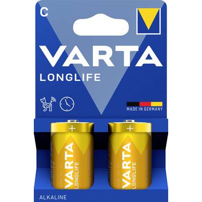 Twee Varta Longlife alkaline-batterijen van het formaat C in een gele verpakking. Tekst op de verpakking: 'Langdurig' en 'Made in Germany'.