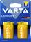 Twee VARTA LONGLIFE Alkaline batterijen maat D in een blauw-geel blisterpack, met 'Made in Germany'-label.