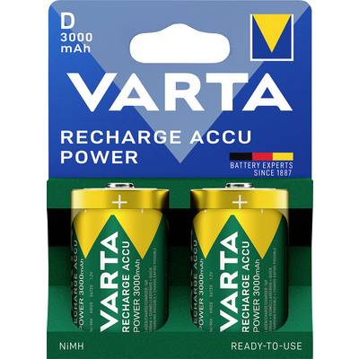 'VARTA Recharge Accu Power' batterijpakket met twee D-batterijen, 3000 mAh capaciteit, in groen en geel ontwerp, op kartonnen drager.
