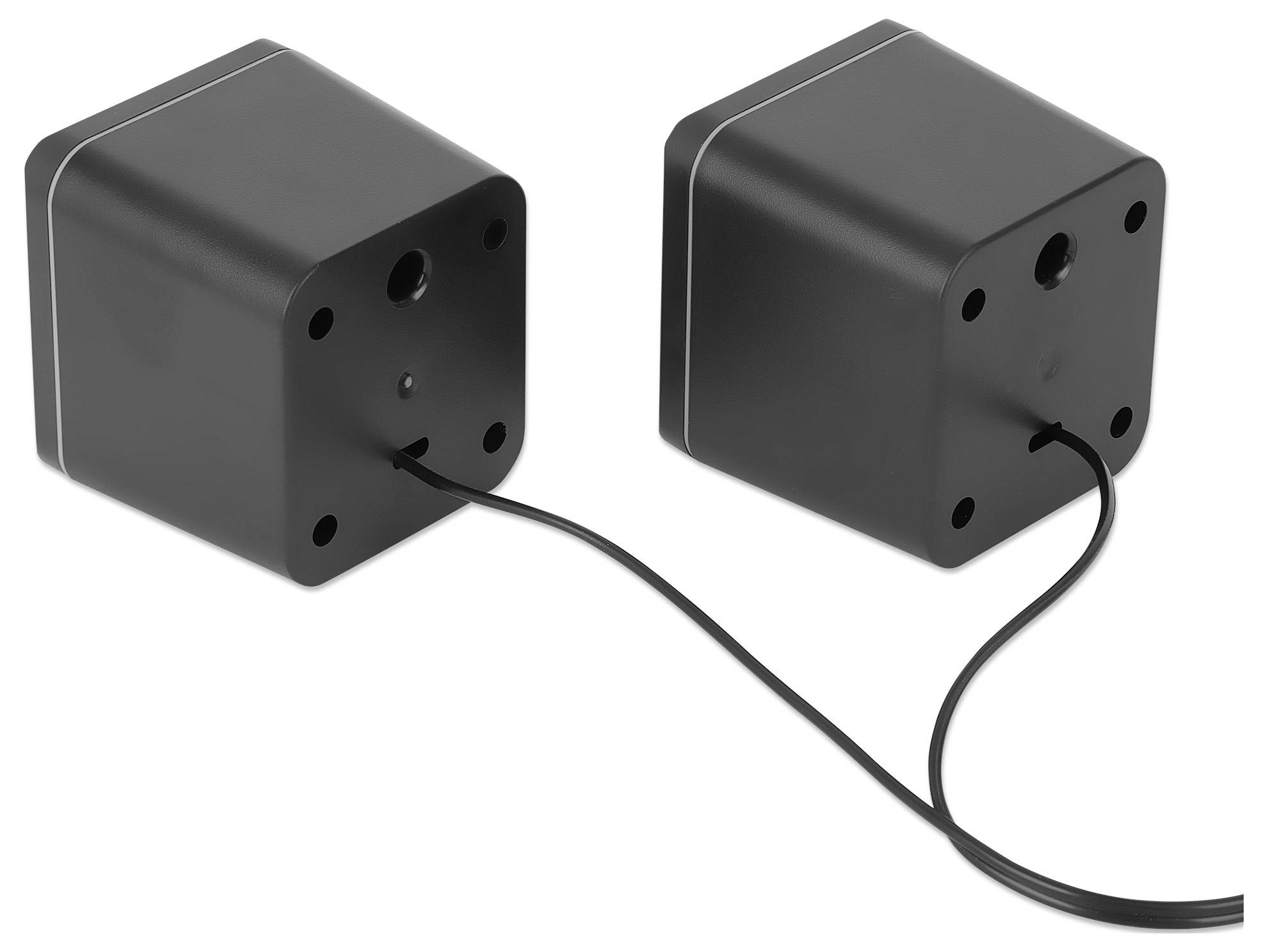 Twee zwarte, kubische apparaten met verbindingskabel, mogelijk elektronische sensoren of camera's, op witte achtergrond.