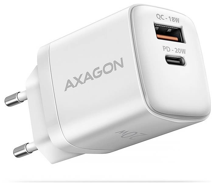 Een wit wandlaaadaptor met twee aansluitingen: een USB-C-aansluiting met 'PD - 20W' en een USB-A-aansluiting met 'QC - 18W'.