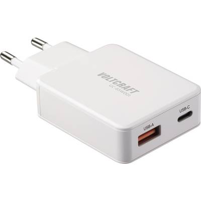 'VOLTCRAFT UC-25WQC1' wandlader met een USB-A en USB-C-poort, geschikt voor elektronische apparaten, voorzien van een Europese stekkeradapter.