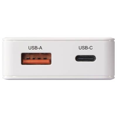 Een wit apparaat met twee poorten: één 'USB-A' met een oranje binnenkant, en één 'USB-C', beide gelabeld boven de poorten.