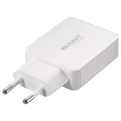 Een witte Voltcraft USB-oplader met een Europese stekker, model UCP-5000/1, ontworpen voor het opladen van elektronische apparaten.