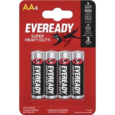 Vier AA-batterijen met het opschrift 'Eveready Super Heavy Duty' in een blisterverpakking. Verpakking benadrukt betrouwbaarheid en opslagduur.