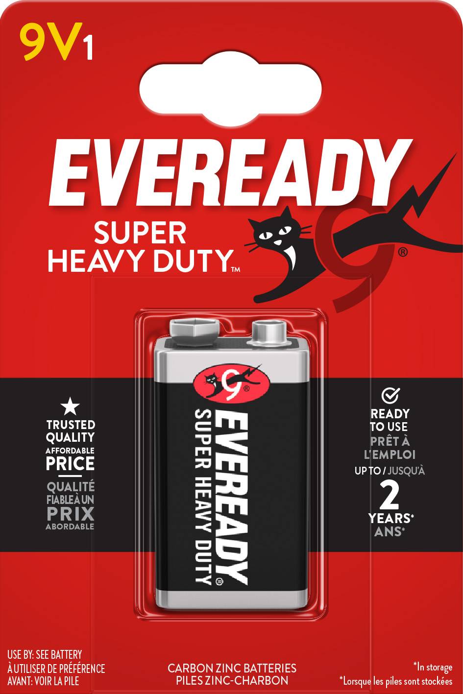 Eveready 9V batterij in verpakking. Opschrift: 'Super Heavy Duty', houdbaarheid tot 2 jaar, belooft betrouwbare prestaties.