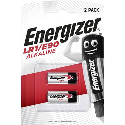 Energizer LR1/E90 Alkaline batterijverpakking met twee batterijen. Verpakking toont een gestileerde batterijfiguur met een gespierde arm.