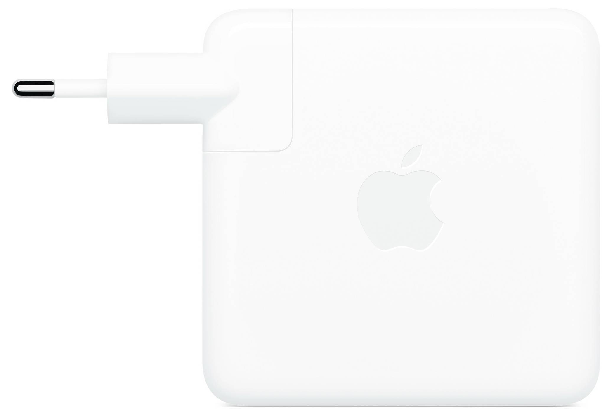 Voedingsadapter met geïntegreerde USB-C-stekker en Apple-logo, voornamelijk in het wit.