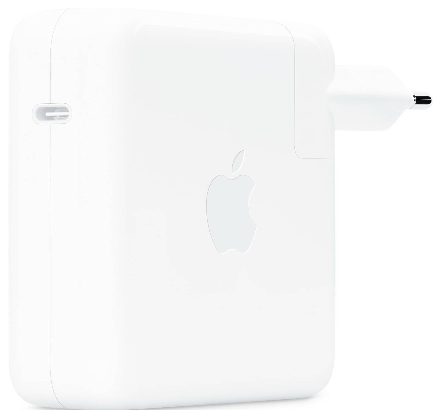 Een witte voedingsadapter met een Apple-logo. Hij heeft een aansluiting aan de zijkant.