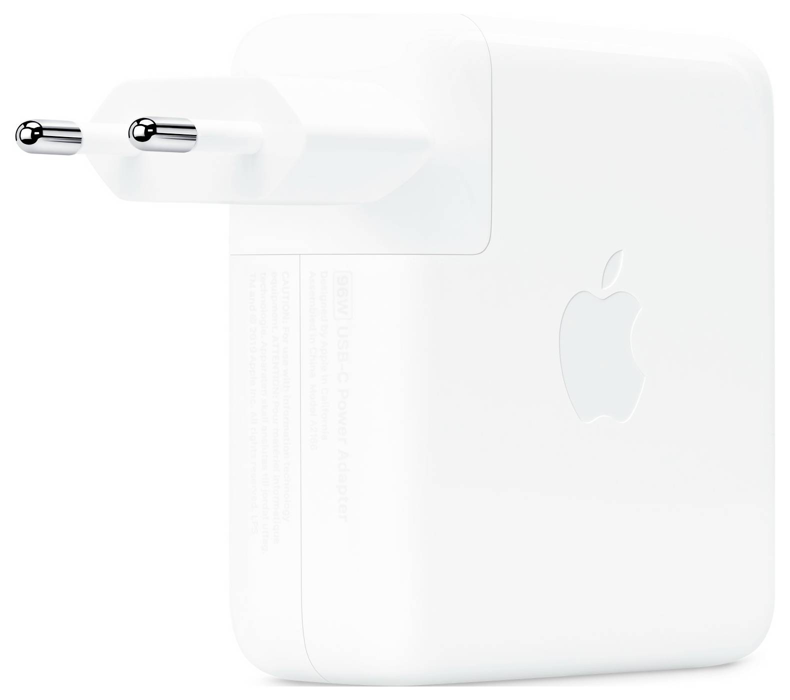 Een wit vierkant voedingsadapter met een EU-stekker en een licht zichtbaar Apple-logo in het midden.
