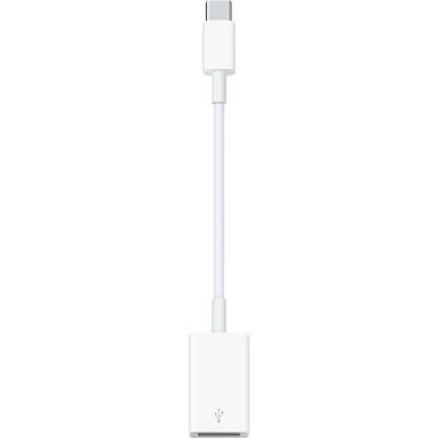 Een witte adapter met een USB-C-aansluiting aan de ene kant en een USB-aansluiting aan de andere kant. Verbindt apparaten met verschillende aansluitingen.