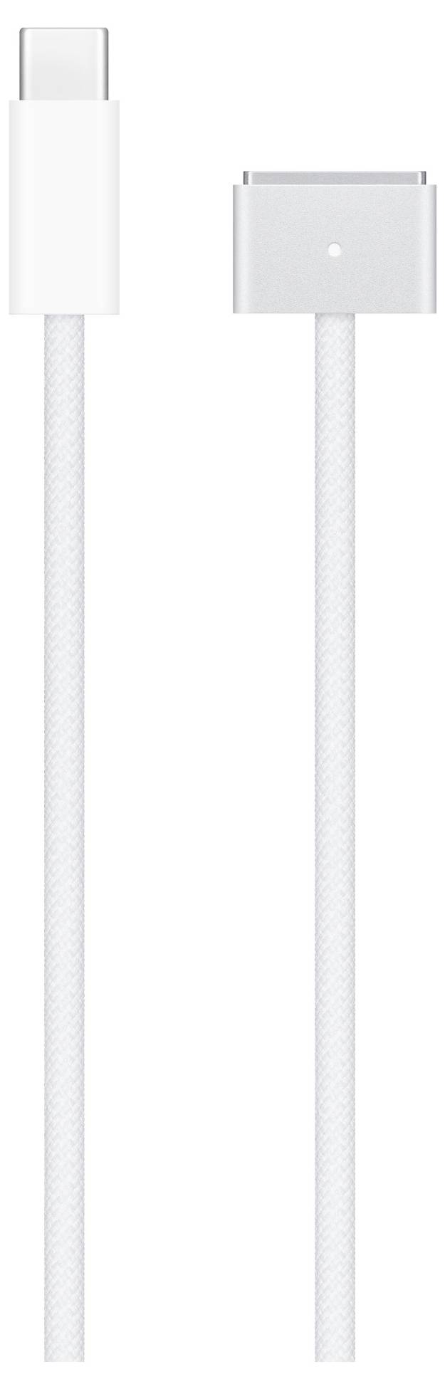Een USB-C naar MagSafe 3 oplaadkabel in het wit, met textiel omvlochten kabel en rechthoekige, magnetische MagSafe-aansluiting.