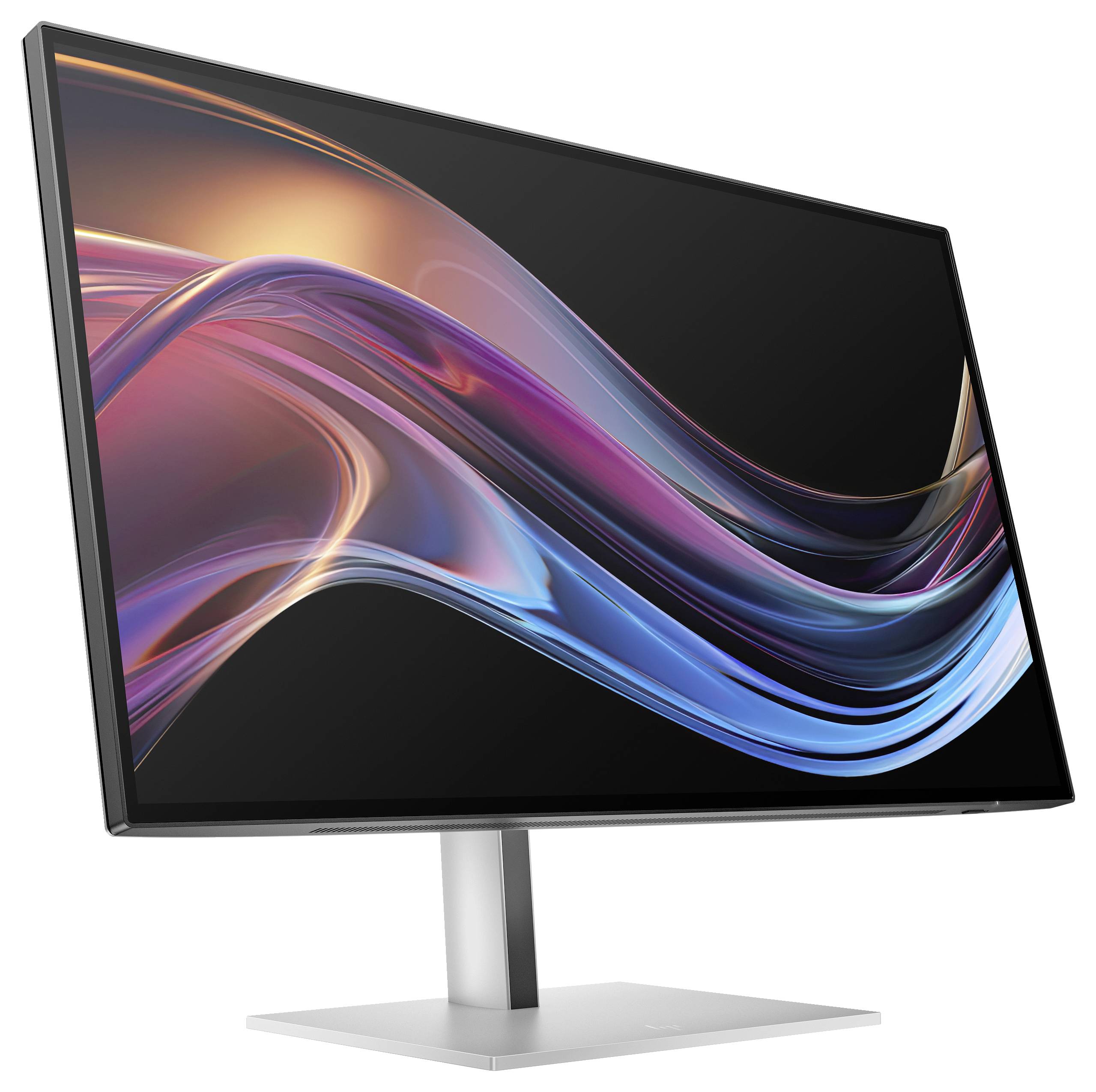 Platte computermonitor met een slank, modern design en gebogen scherm. Het scherm toont een abstract kleurrijk patroon.