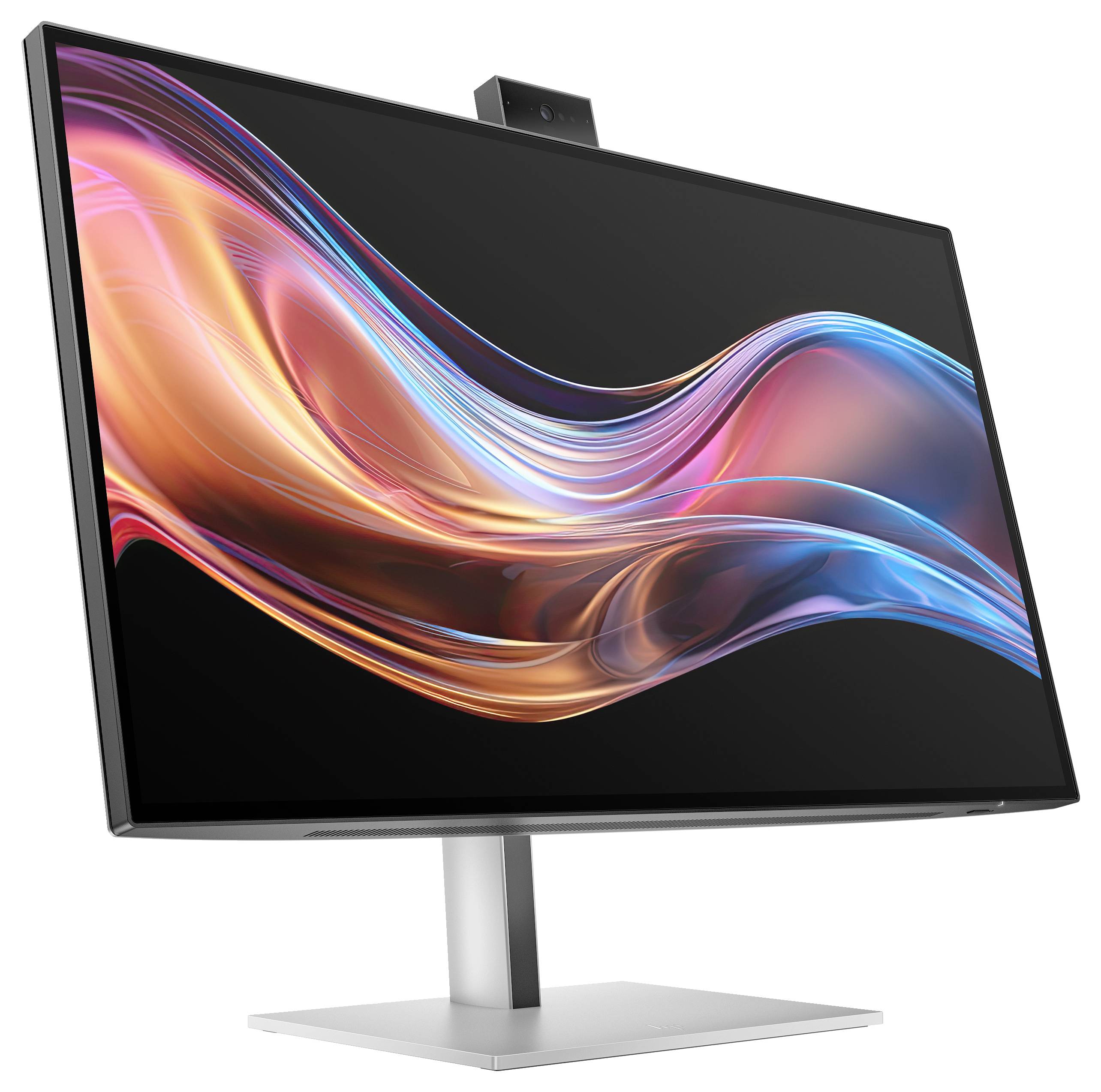 Een moderne computermonitor met levendige, golvende kleuren op het scherm, afgebeeld tegen een witte achtergrond.