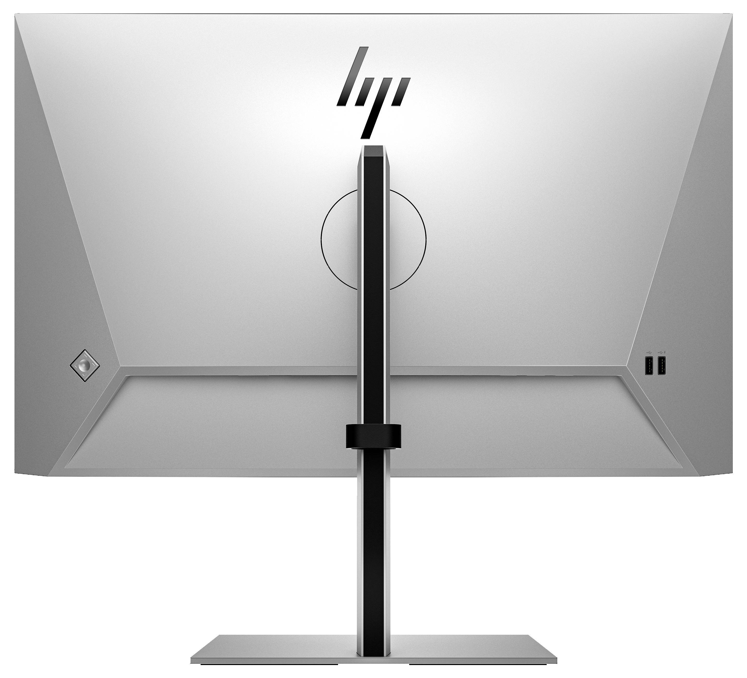 Een moderne computerscherm van achteren, met een slanke, zilveren design en een centraal gemonteerde standaard.