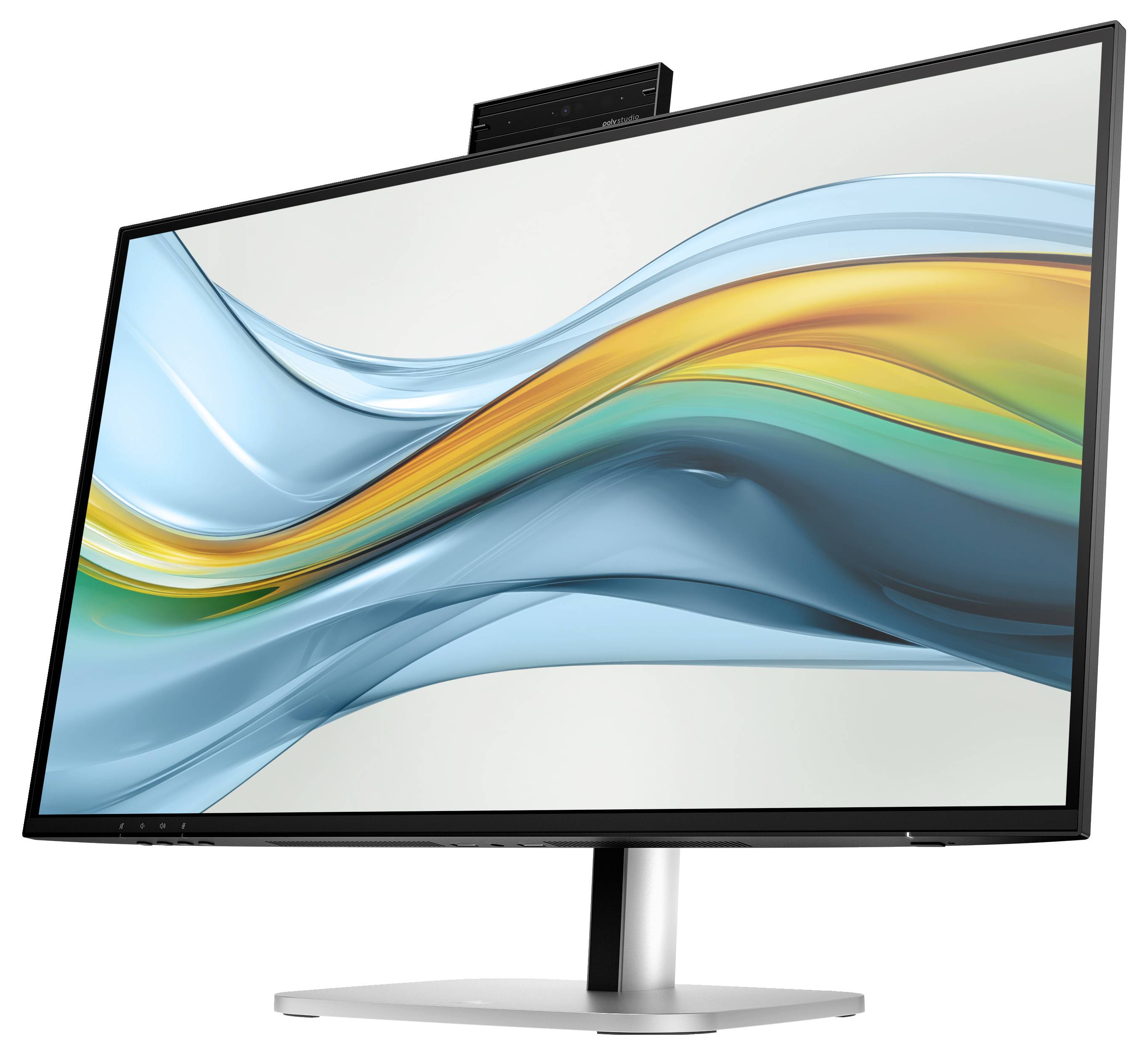 Een groot computerscherm toont een abstract, kleurrijk golvend patroon in blauw en oranje. Het scherm staat schuin.