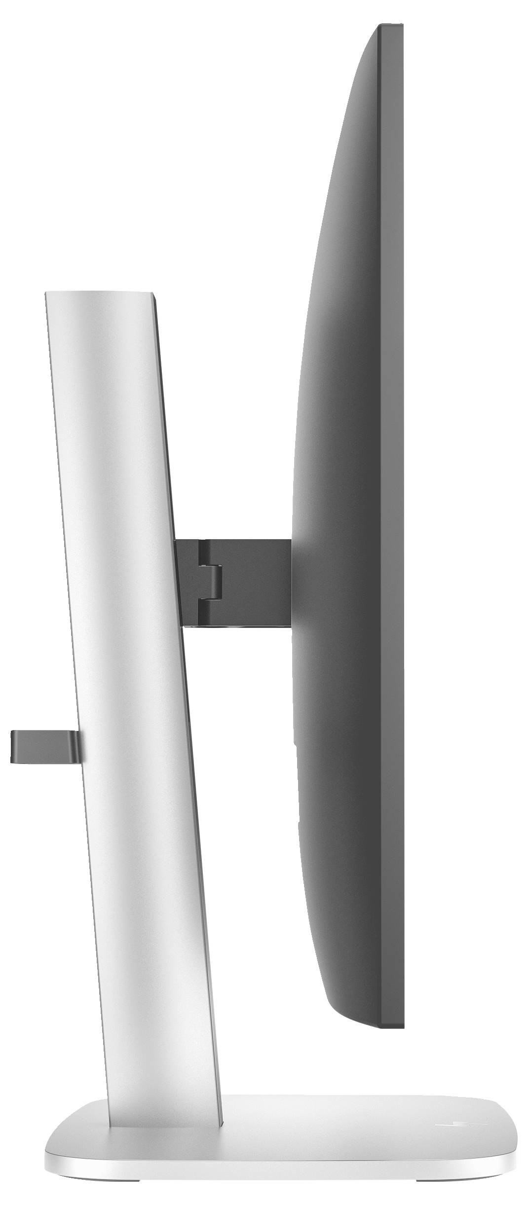 Zijaanzicht van een moderne computermonitor met een slanke, gebogen behuizing en een stevig, in hoogte verstelbaar standaard.