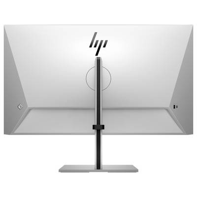 Een zilveren HP-monitor met een slanke vormgeving, gezien van achteren, gemonteerd op een in hoogte verstelbare standaard.
