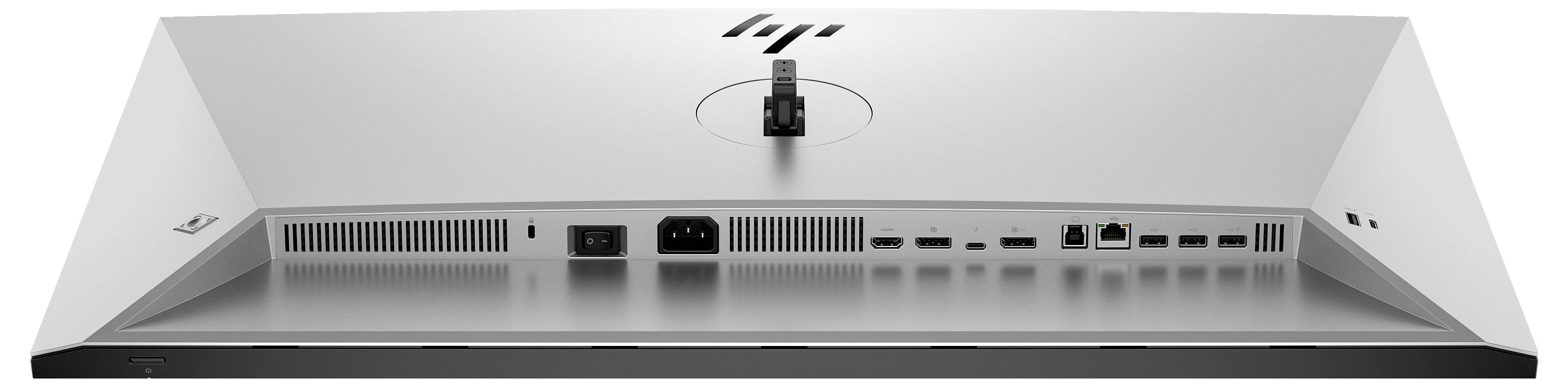 Achterkant van een monitor met verschillende aansluitingsmogelijkheden zoals HDMI, USB en netwerkkabel, evenals een netschakelaar.