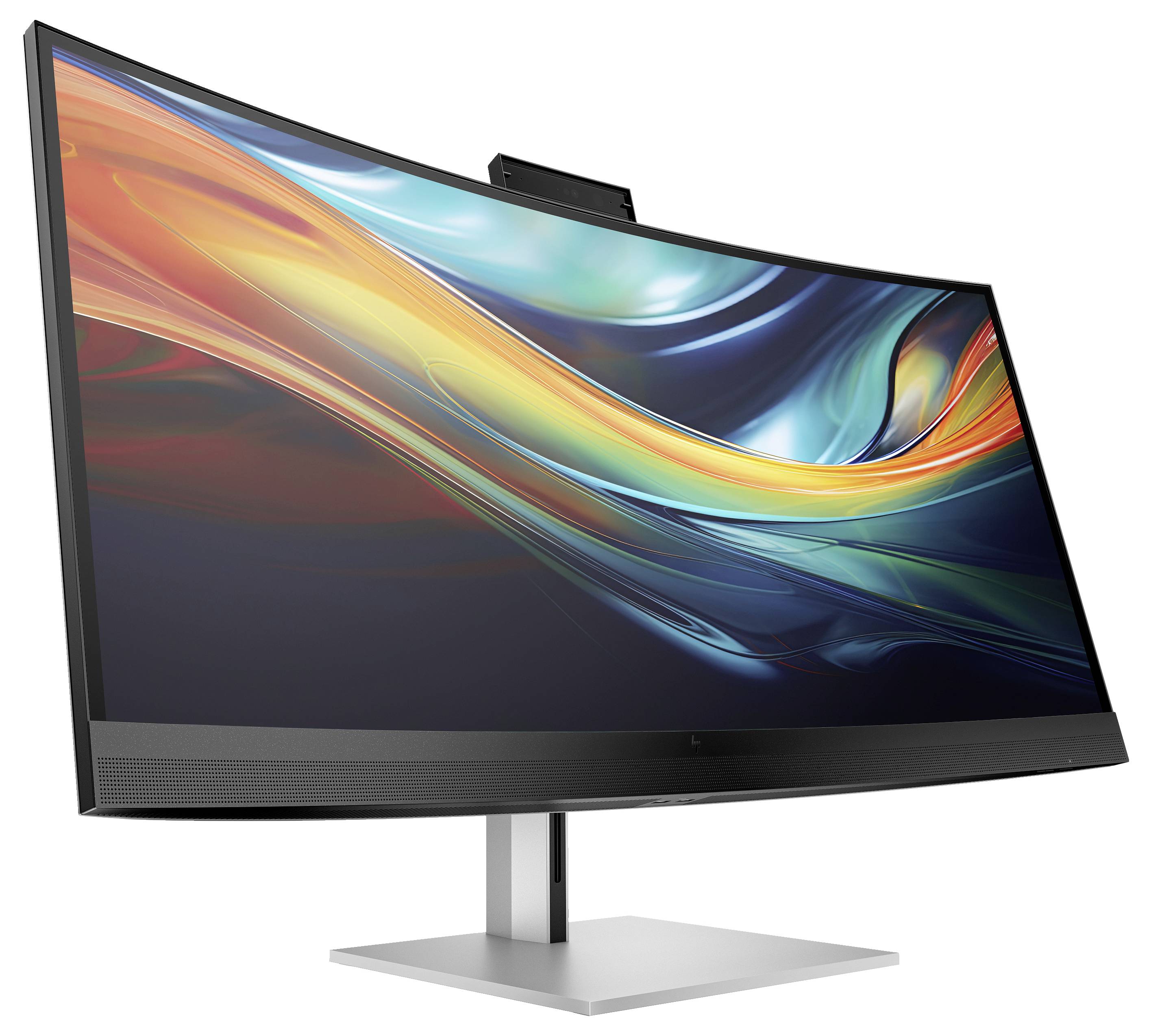 Een gebogen computerscherm met levendig, abstract patroon. Het scherm staat op een moderne, zilveren voet.