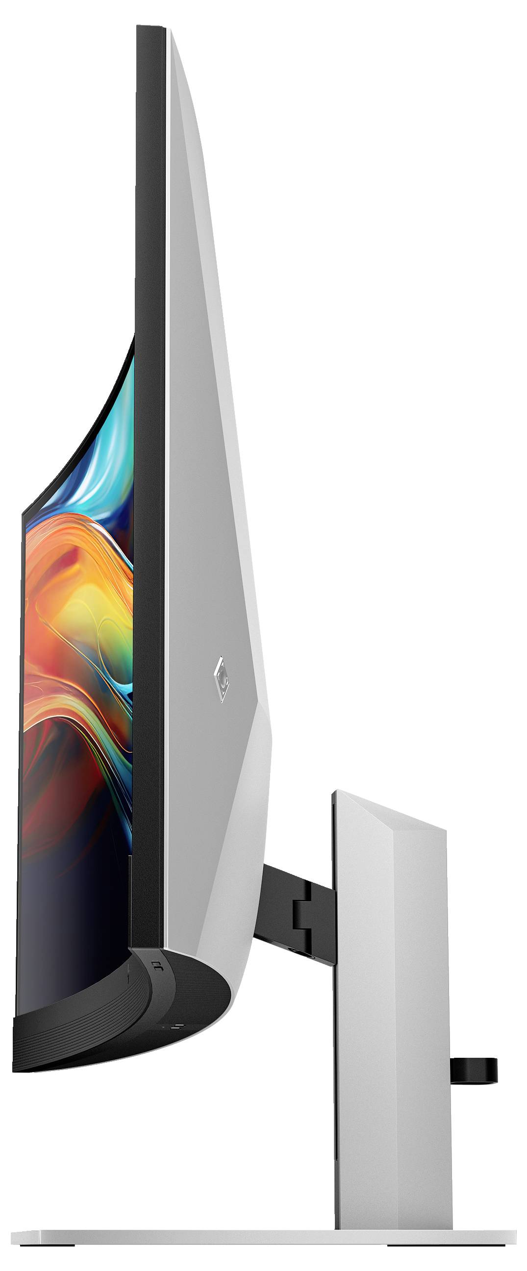 Een zijaanzicht van een moderne, gebogen computerscherm met een kleurrijk display, gemonteerd op een stevige standaard.