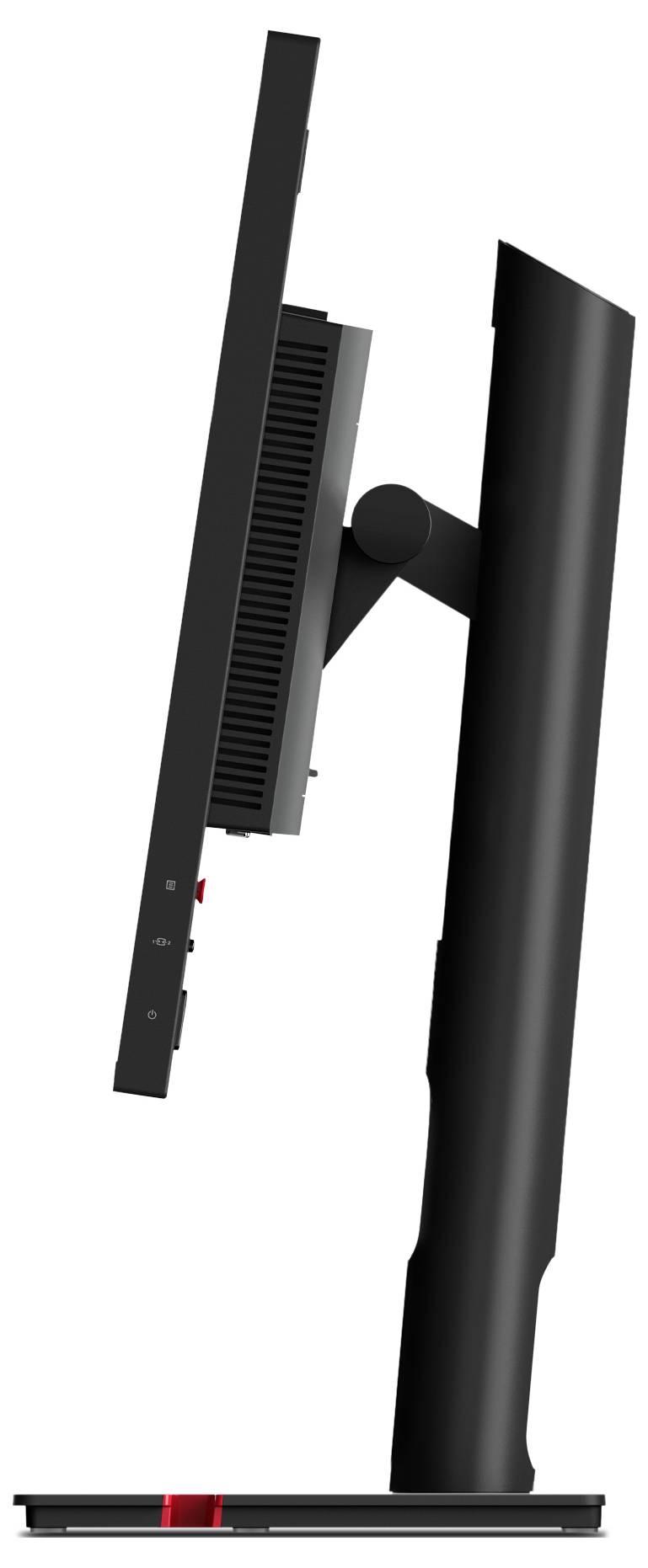 Een computermonitor in zijaanzicht. Het dunne, zwarte design toont de instelbare eigenschappen en technische verfijning van het model.