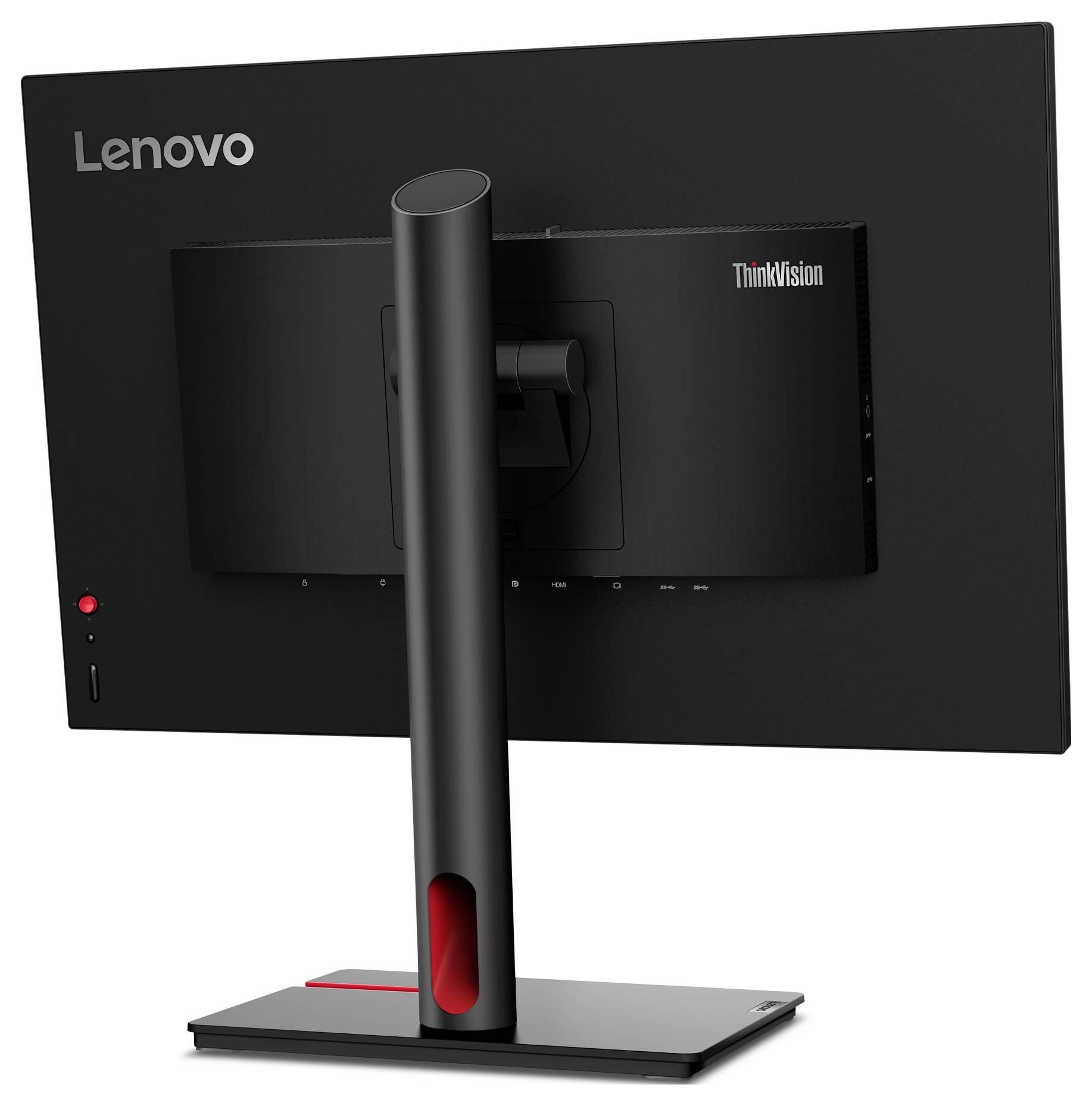 Een zwarte Lenovo ThinkVision monitor van achteren, toont de standaard en de achterkant van het scherm, minimalistisch ontworpen.