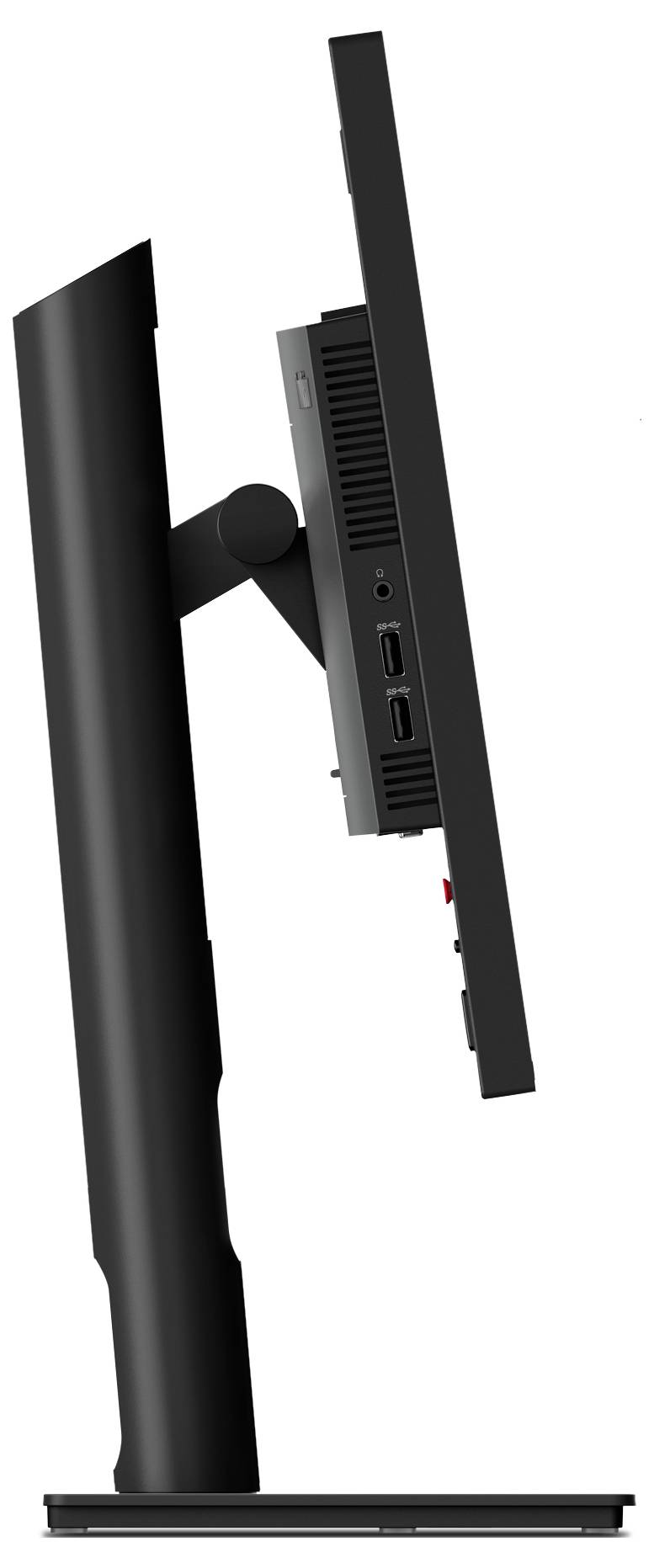 Zijaanzicht van een zwarte computermonitor op een standaard, met aansluitingen aan de achterkant zichtbaar.