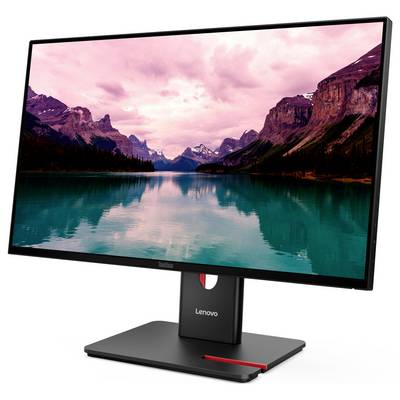 Een Lenovo-monitor toont een landschap met een meer, omgeven door bergen en een roze gekleurde lucht.