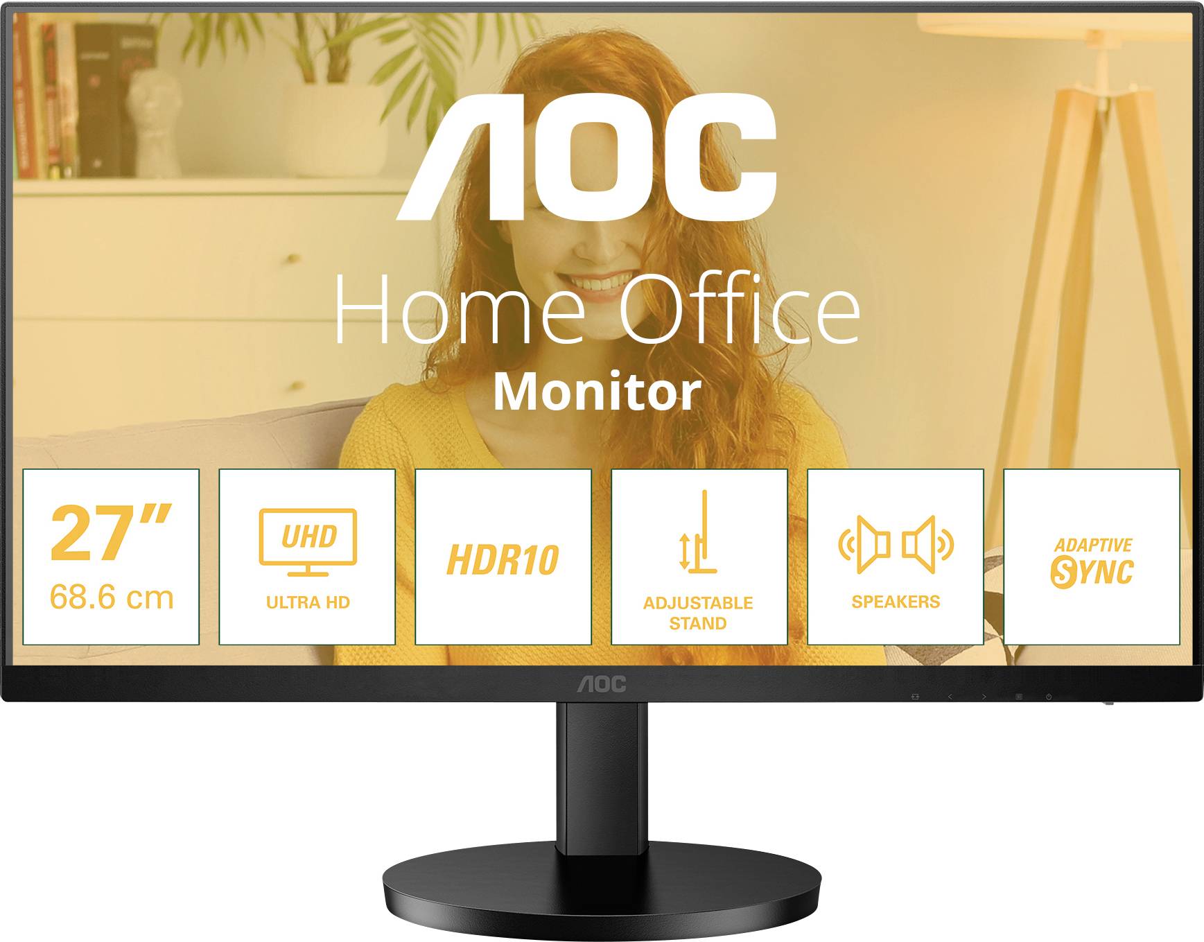 AOC-monitor voor thuiskantoor, 27 inch (68,6 cm), UHD, HDR10, verstelbare standaard, luidsprekers, Adaptive Sync.