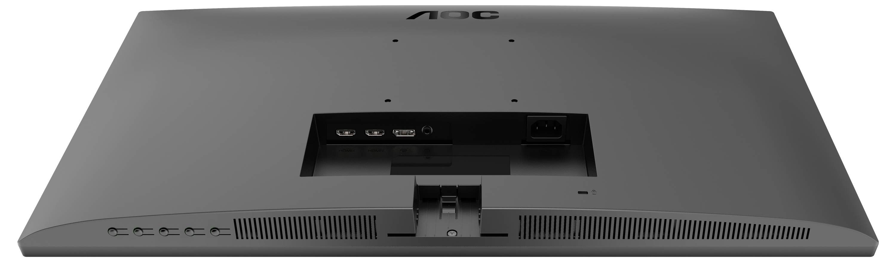 Een zwarte computermonitor van achteren, toont de achterkant met aansluitingen en knoppen aan de linkerkant.