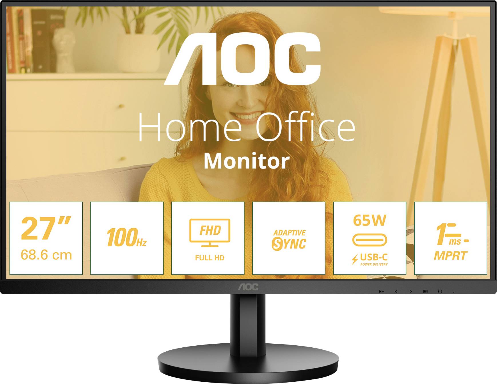 AOC-monitor voor thuiskantoor, 27 inch, 100 Hz, Full HD, Adaptive Sync, 65W USB-C, 1 ms responstijd. Achtergrond: lachende persoon.