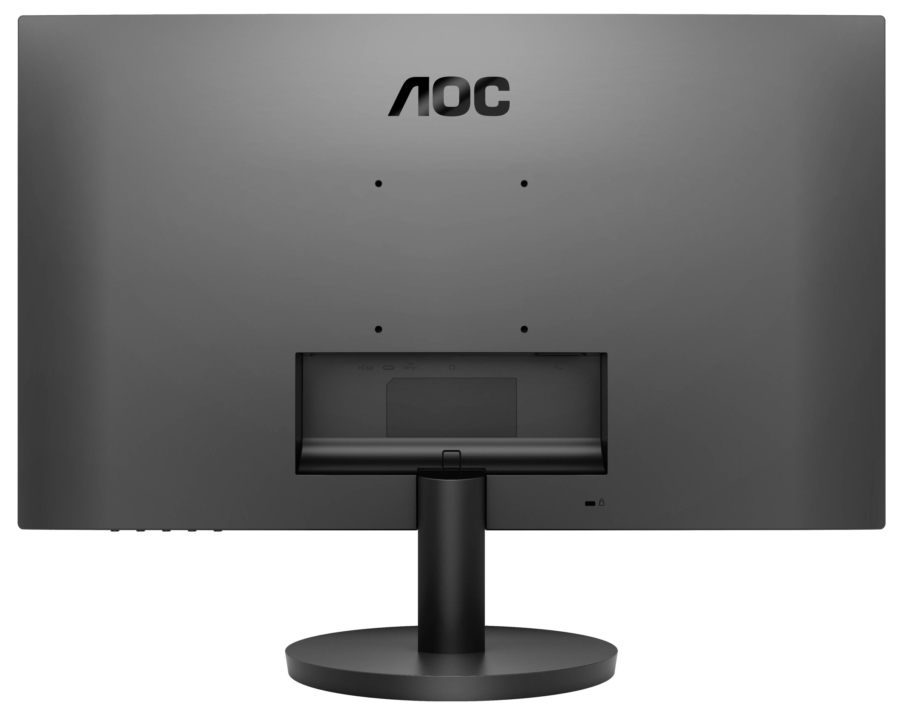 Achteraanzicht van een zwarte AOC-monitor met een ronde voet; toont de bevestigingspunten en aansluitingen aan de achterkant van het apparaat.