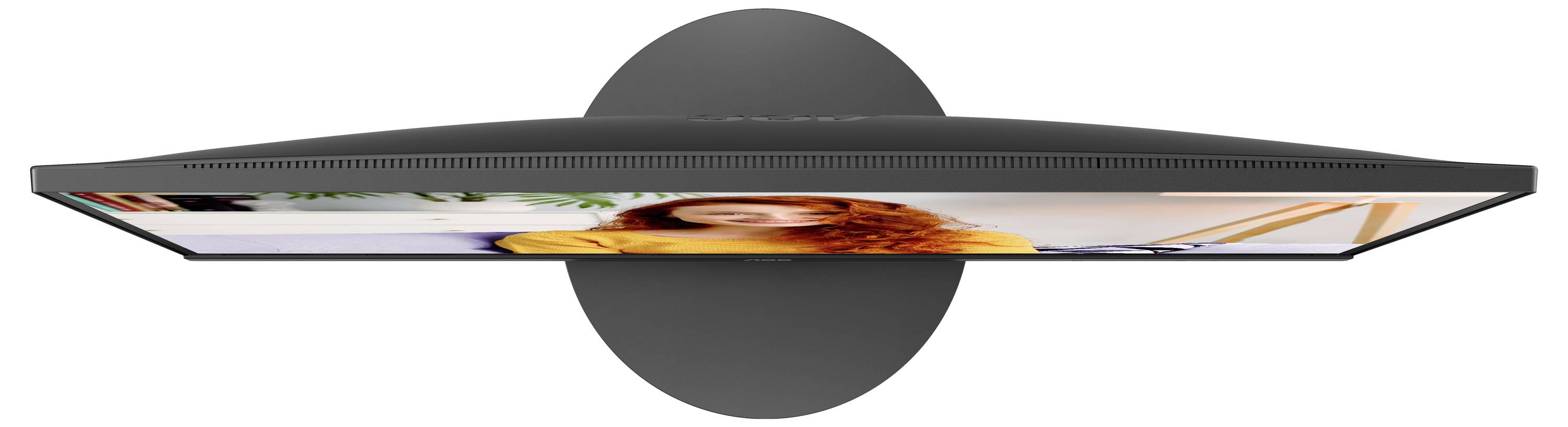 Bovenaanzicht van een gebogen monitor die een schermweergave toont met een wazig beeld van een persoon.