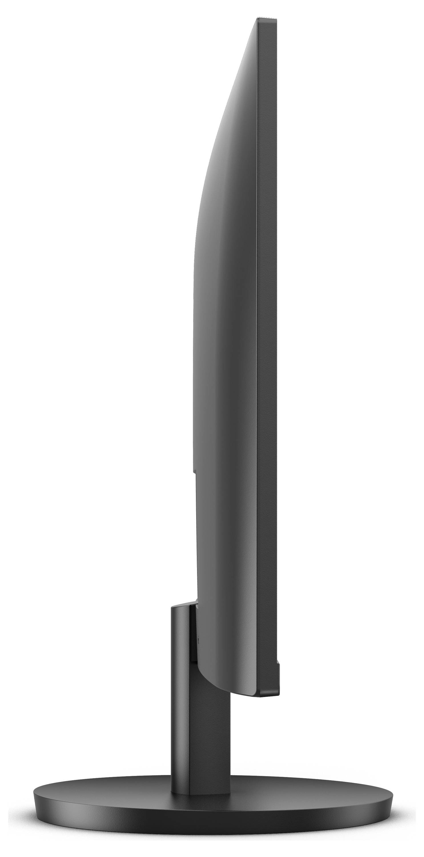 Zijaanzicht van een dunne computerscherm op een ronde voet, zwart design, toont slanke constructie en moderne uitstraling.