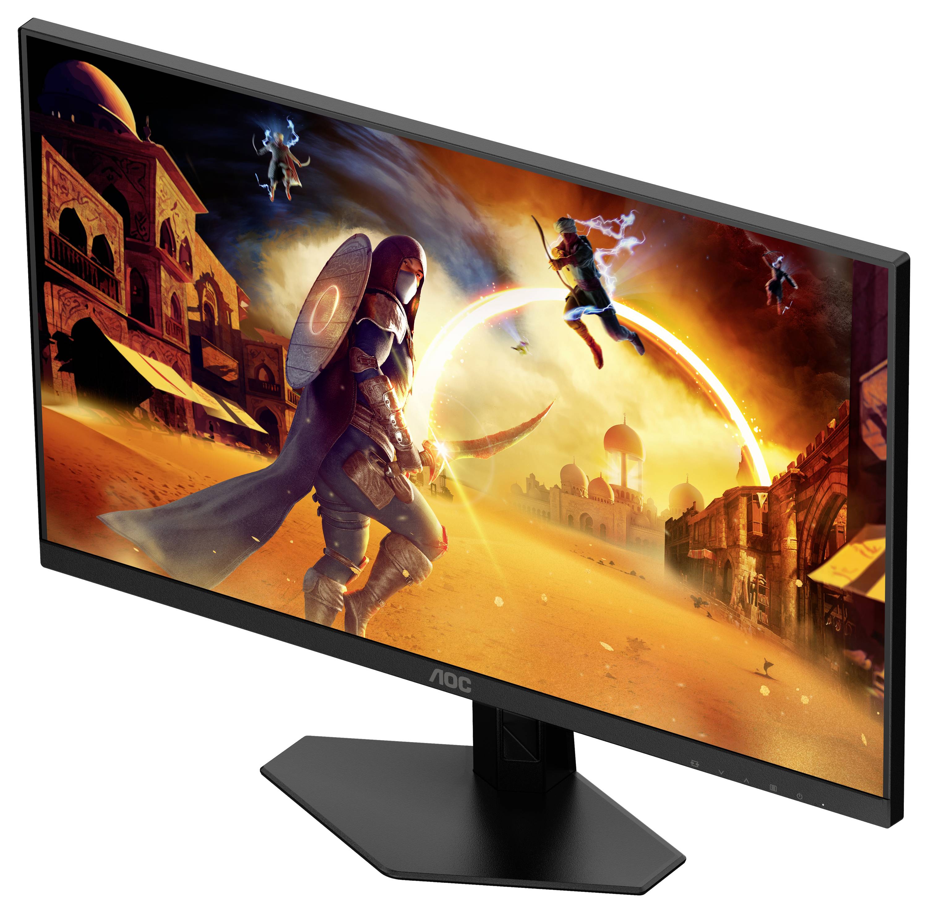 Een monitor toont een levendig videospel met twee vechtende figuren voor een fantasierijke oosterse achtergrond.