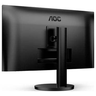 Een zwarte AOC-monitor van achteren, gemonteerd op een rond voetstuk, met een heldere structuur en een strak design.