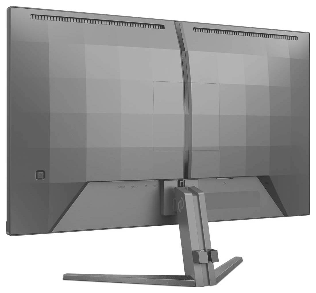 Een moderne platte monitor van achteren gezien met een slanke standaard en smal frame. Ideaal voor ruimtebesparend werken op het bureau.