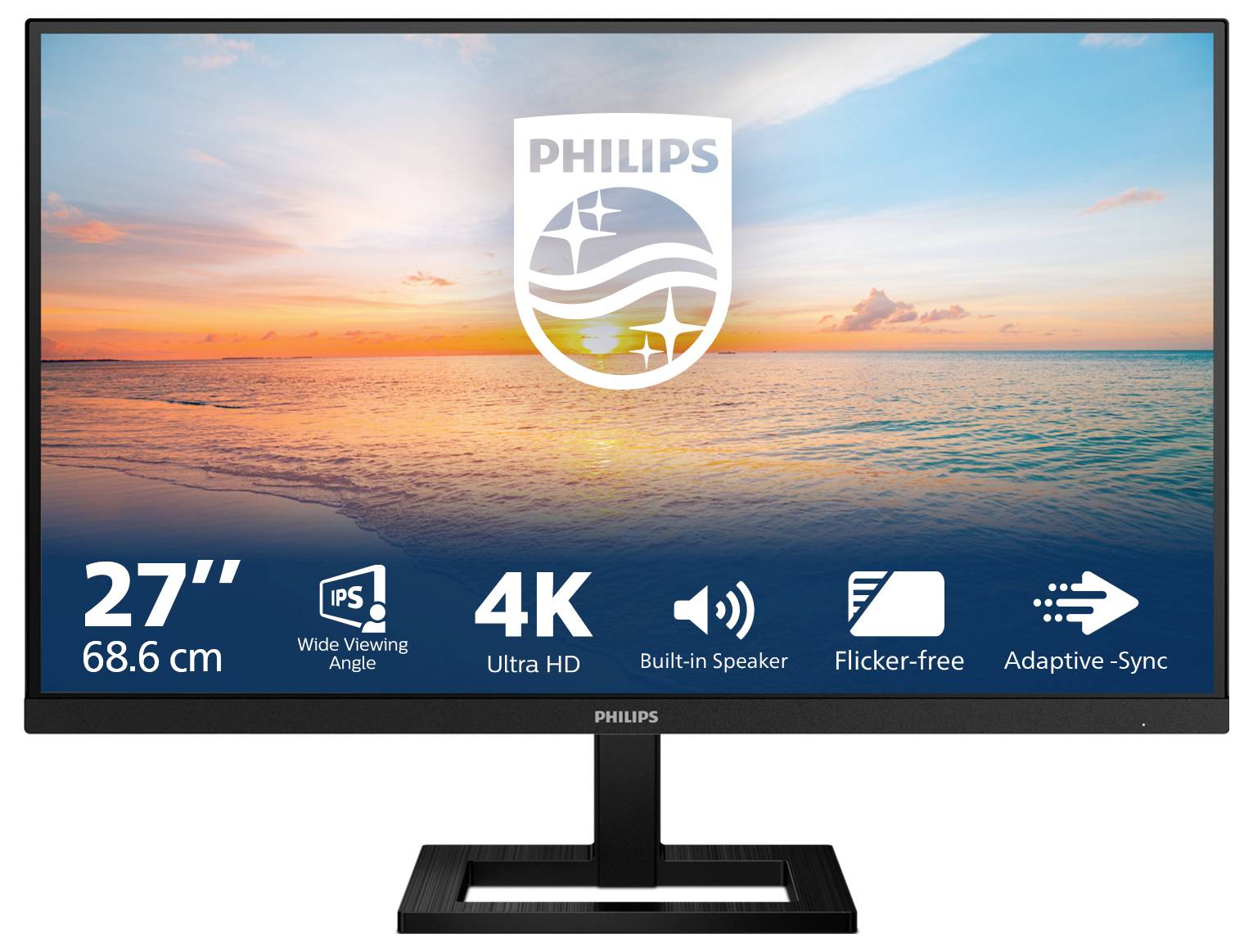 Een Philips-monitor van 27 inch, 4K Ultra HD, met een breed kijkhoek, ingebouwde speaker, flikkerloos en Adaptive Sync.