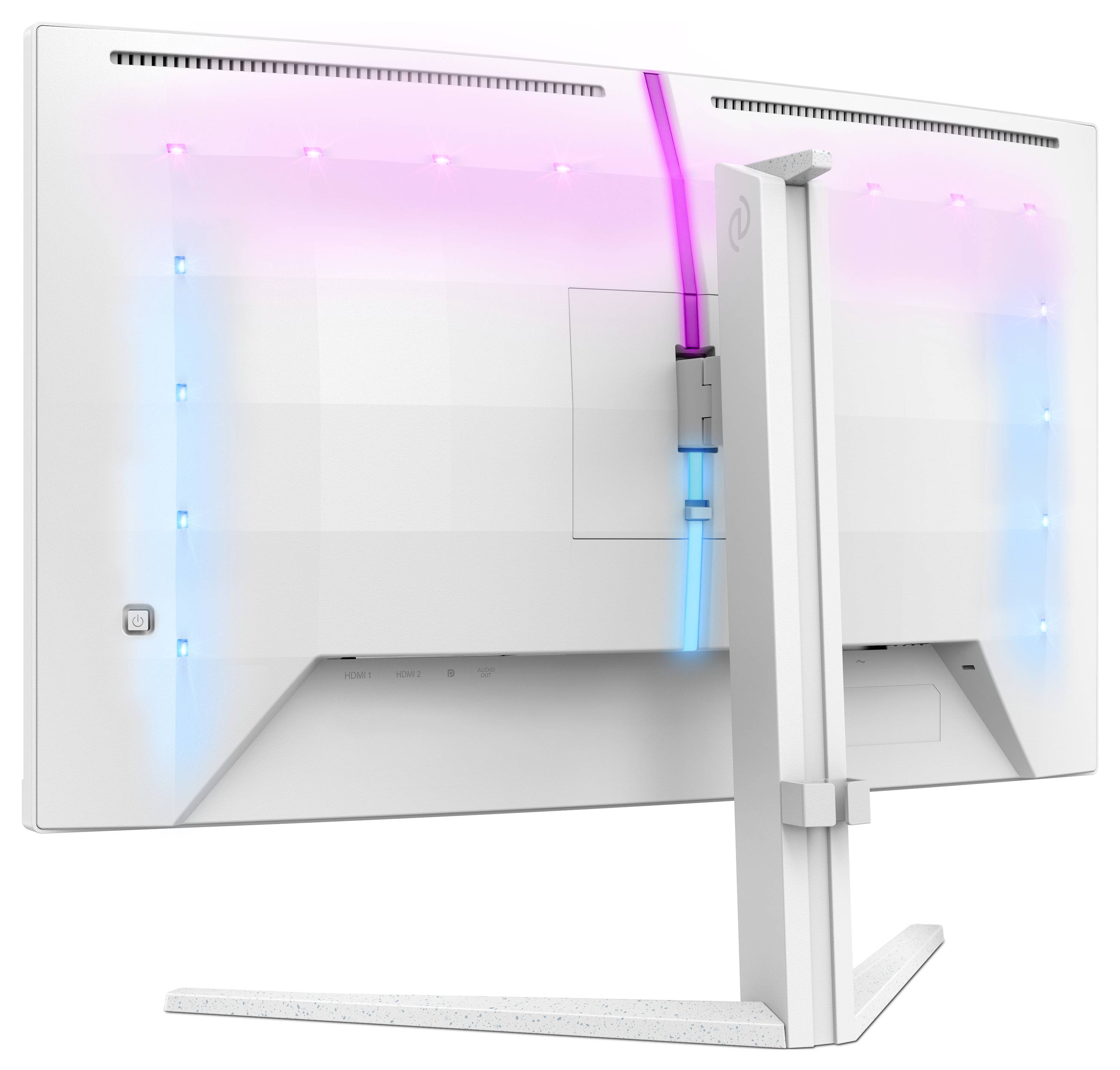 Een witte schermachterkant met blauwe en roze LED-verlichting, staat op een stevige, rechtopstaande voet.