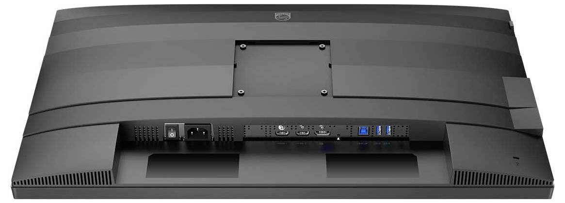 Achterkant van een computermonitor met aansluitingen in het midden, waaronder voeding, HDMI, USB-poorten en ventilatiesleuven.